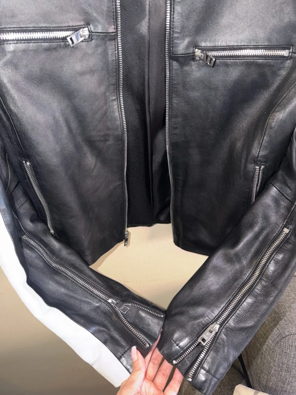 Wilsons Leather Black Leather Jacket with White Sleeve Stripes - Picture 7 of 10